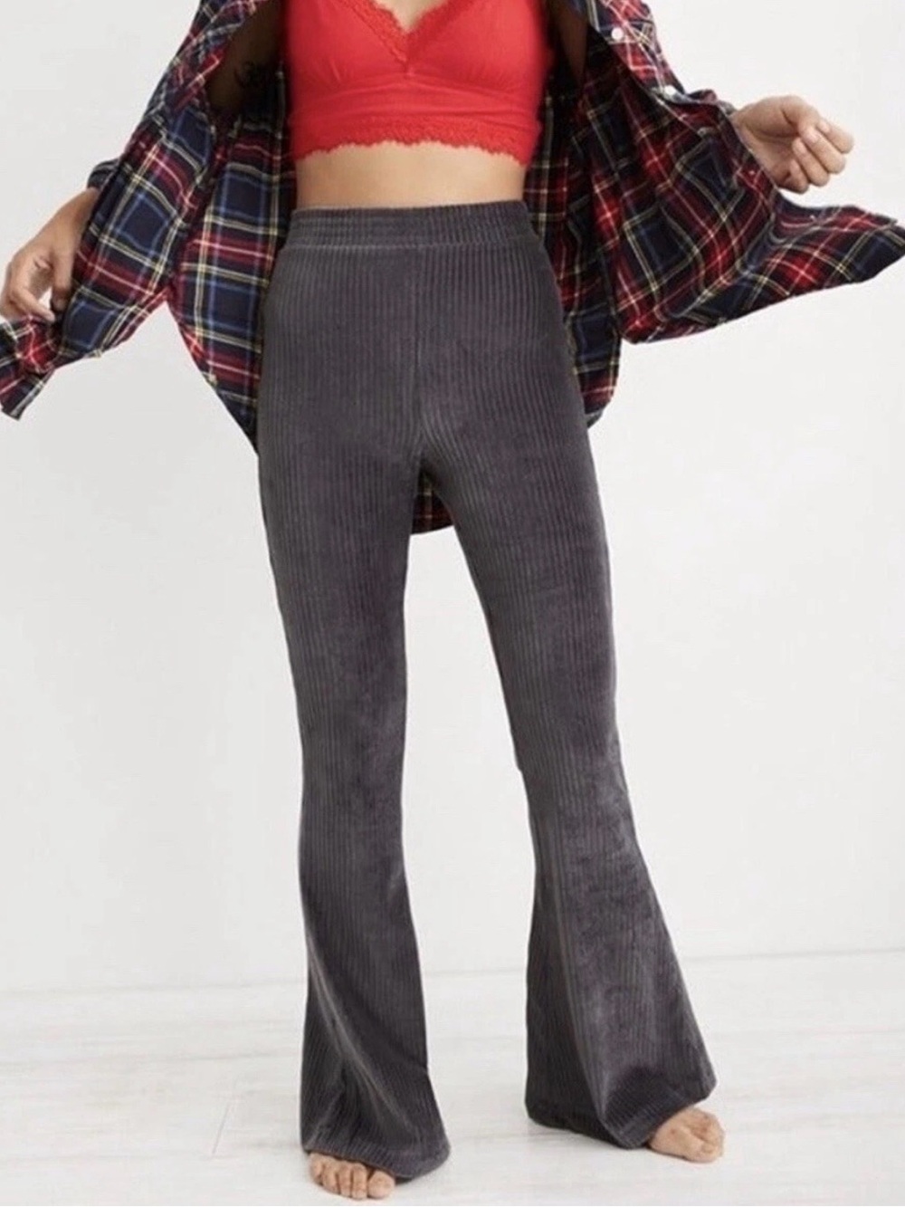 Aerie Groove-On Ribbed Velour Flare Pants Charcoal Gray Pull-On Size S Lounge